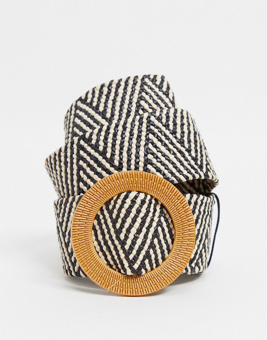 French Connection Woven Belt With Circle Buckle In Black And White-multi