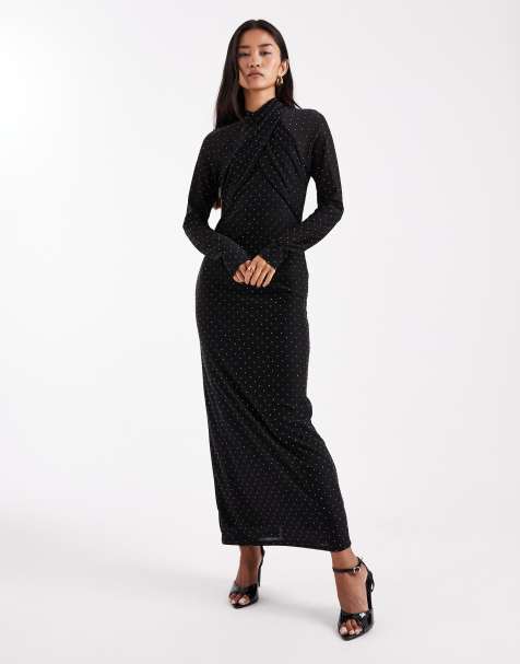 French Connection wrap front detail hotfix midi dress in black