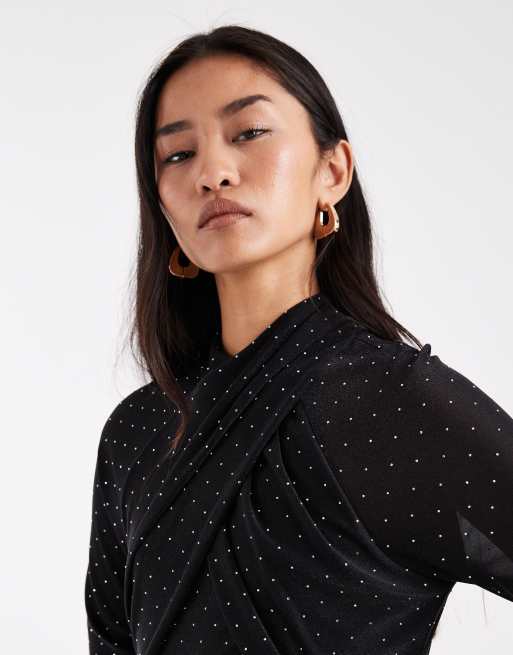 French Connection wrap front detail hotfix midi dress in black, 3 of 4