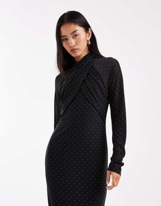 French Connection wrap front detail hotfix midi dress in black, 4 of 4