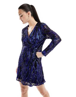 French Connection Deniz Embellished Ls Mini Dress-surf The Web-71vgu In Blue