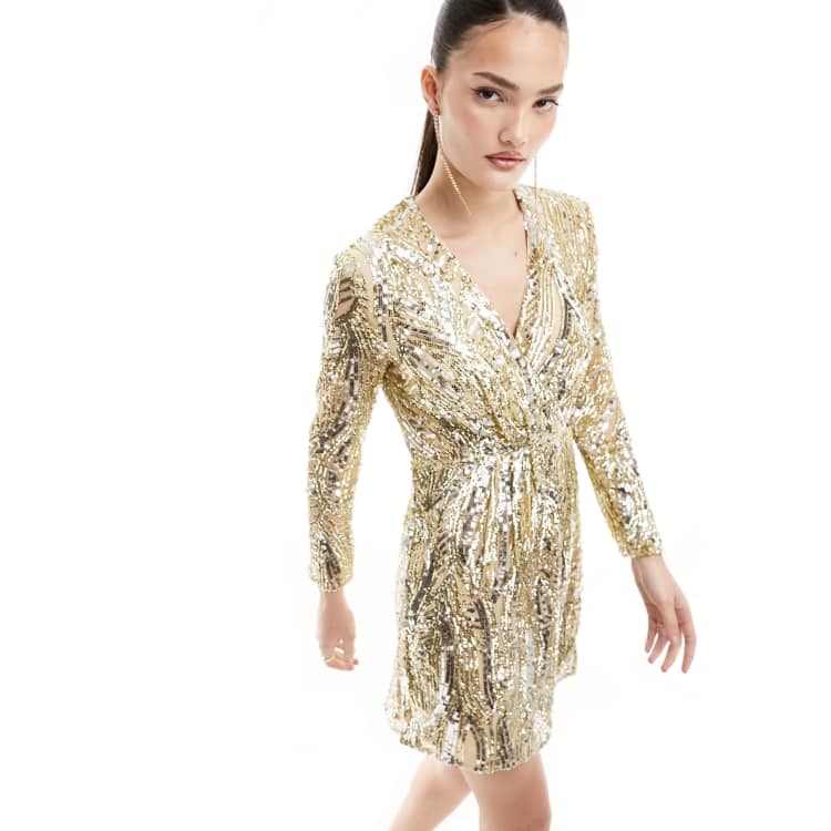 gold wrap around dress Spotlight Shine Sequin Wrap Dress in Gold main image 1