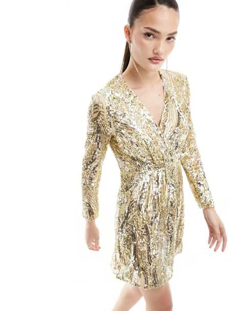 French Connection wrap front embellished mini dress in gold 