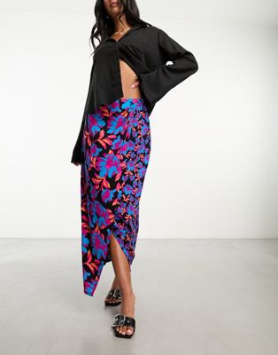 wrap midi skirt in bright floral-Multi