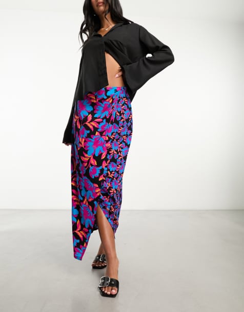 Pull&bear asymmetric floral wrap shop midi skirt in multi