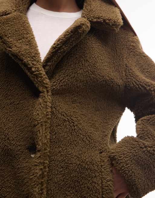 French Connection wydłużony płaszcz z faux-fur borg w kolorze khaki, 2 z 4