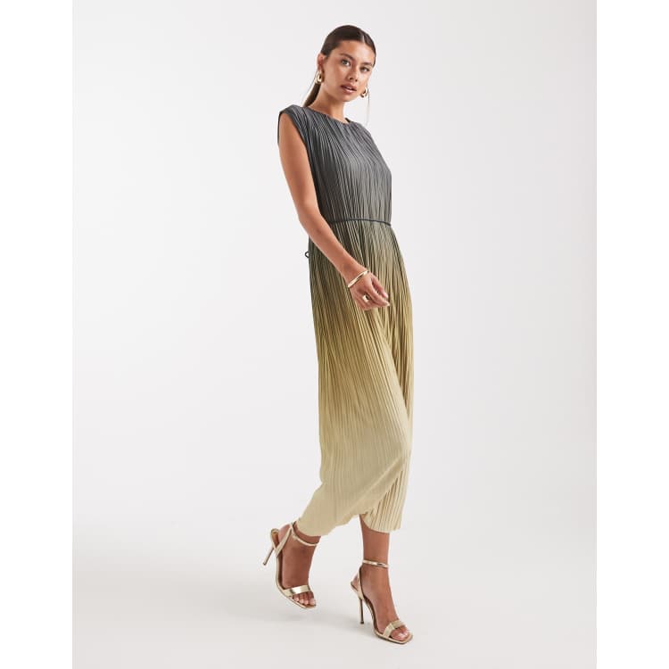 French Connection Xena tie waist pleated ombre midi dress in khaki | ASOS