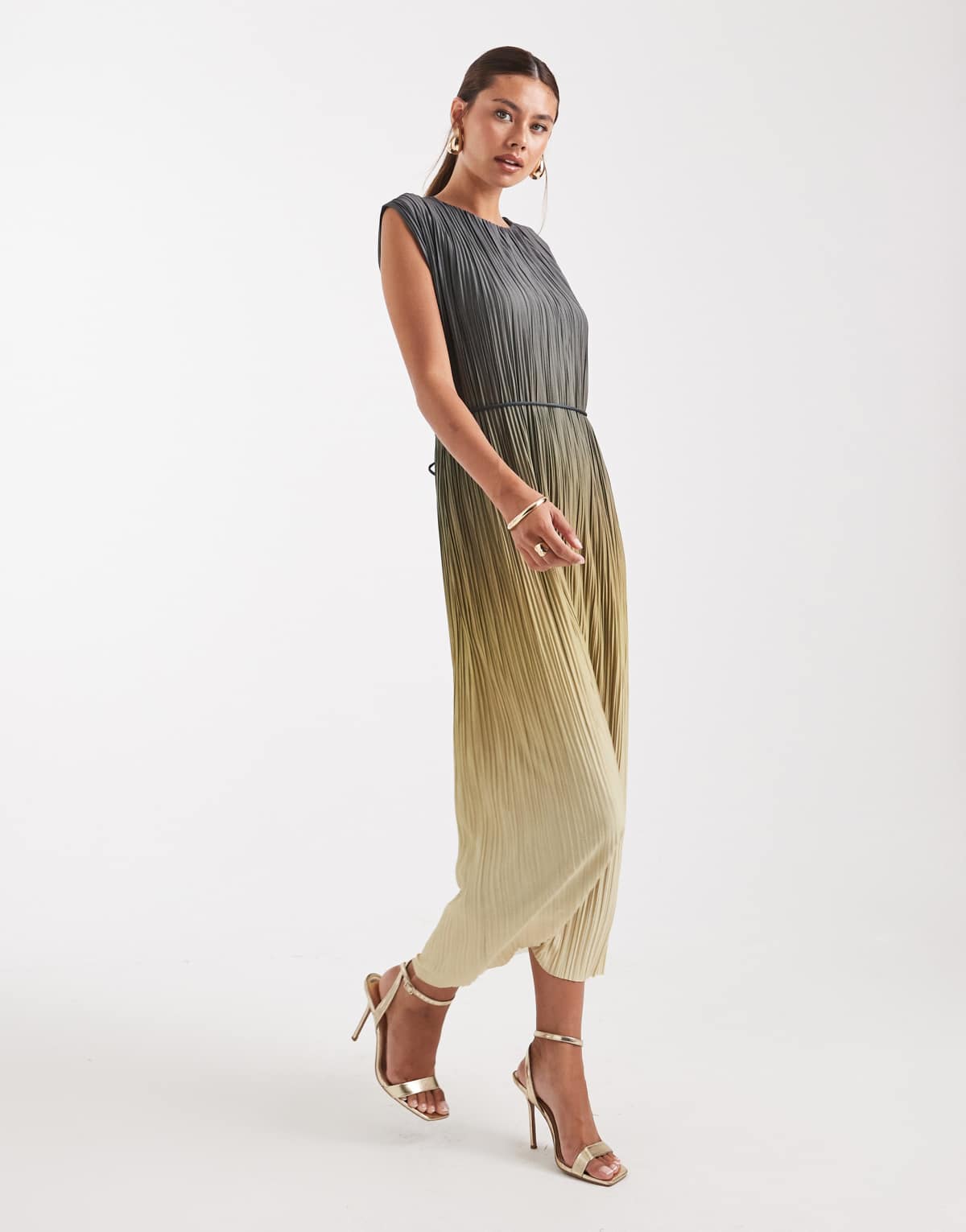 French Connection Xena tie waist pleated ombre midi dress in khaki