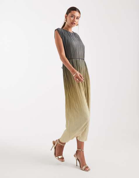 French Connection Xena tie waist pleated ombre midi dress in khaki