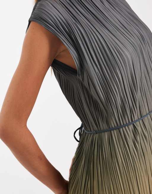 French Connection Xena tie waist pleated ombre midi dress in khaki | ASOS