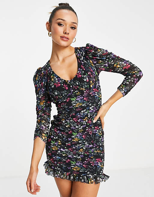 French Connection Zelka ruched mini dress with puff sleeves in multi ditsy print 