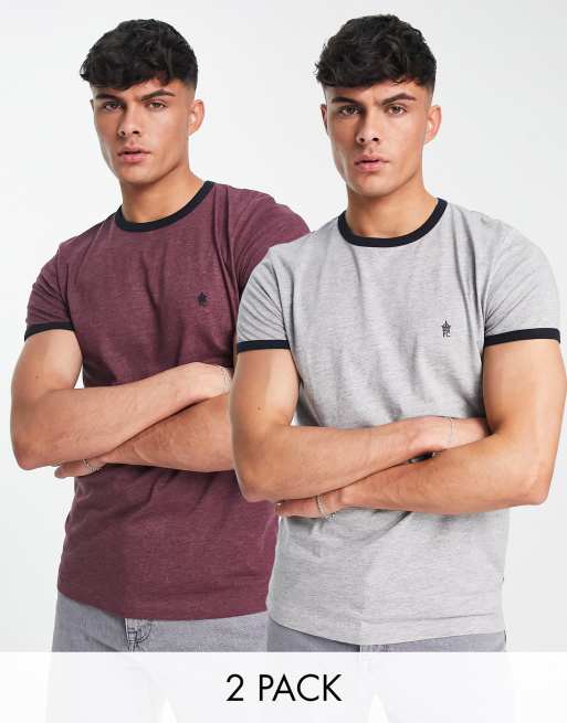 French Connection – Zestaw 2 T-shirtów w kolorach bordowym i jasnoszarym z kontrastowym wykończeniem
