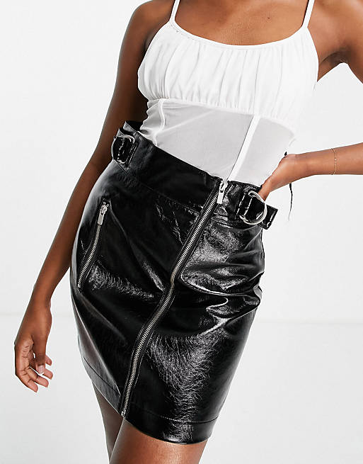 French Connection zip detail patent mini skirt in black