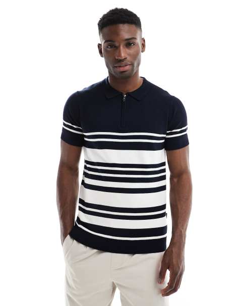 French Connection zip knitted polo shirt in navy and ecru stripe - view 1