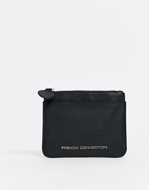 French Connection zip leather card purse in black