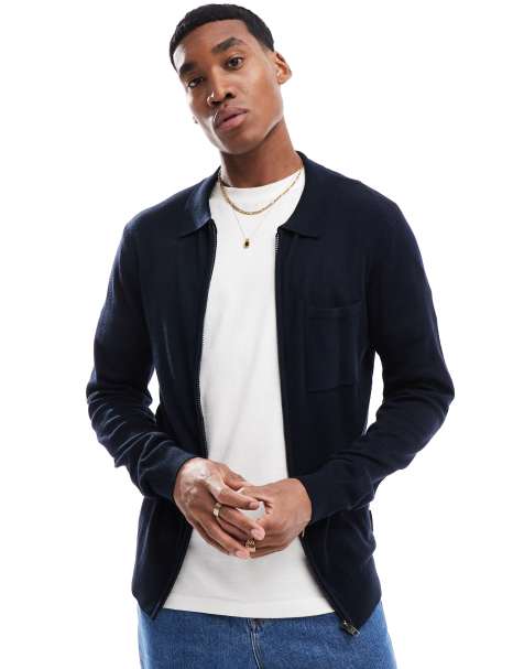 French Connection zip through polo jumper with pocket in navy - view 1