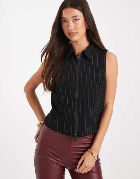French Connection zip through tailored waistcoat in black pinstripe - view 1