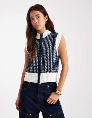 French Connection French Connection zip up contrast knitted vest in navy and white-Multi