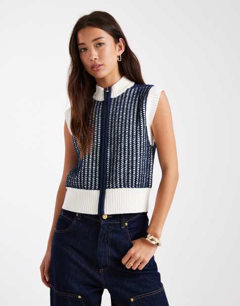 French Connection zip up contrast knitted vest in navy and white - view 1