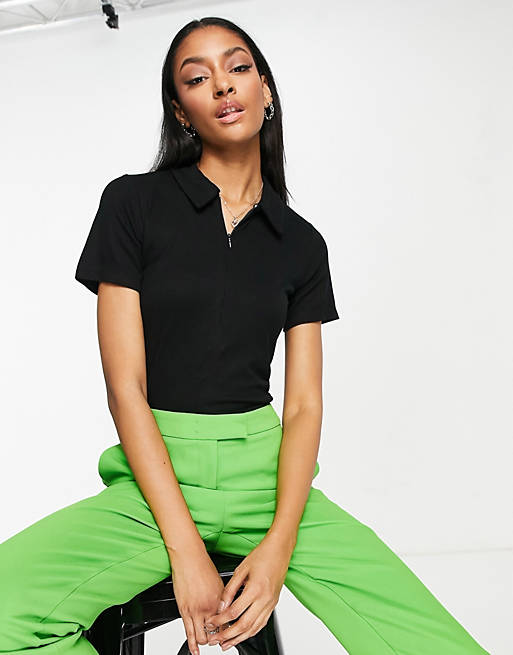 Women French Connection zip up polo top in black 