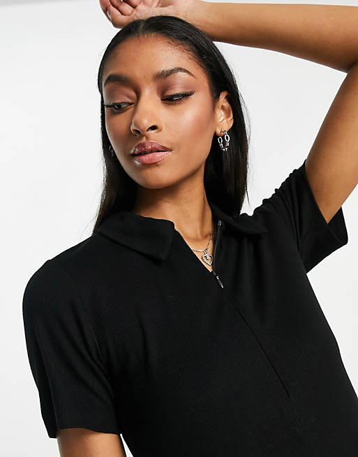 Women French Connection zip up polo top in black 
