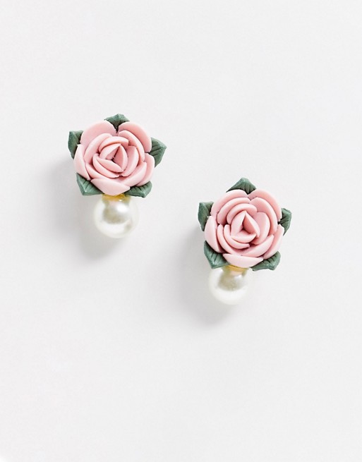 French Fashion House Bloom earrings in pastel floral with pearl detail