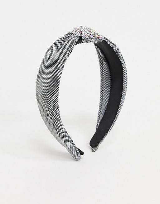French Fashion House headband in boucle print with rhinestone twist knot
