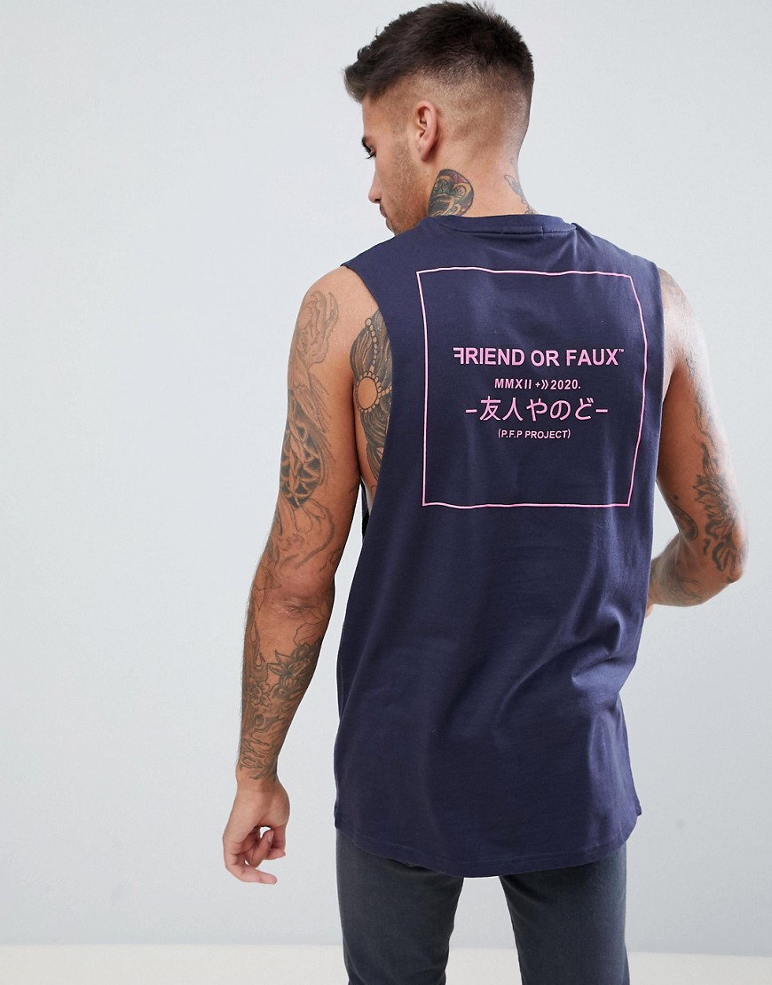 Friend or Faux - Midas - T-shirt senza maniche con stampa sul retro-Navy