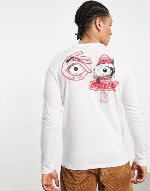 Friend or Faux – Pupils – Biały T-shirt z długimi rękawami i nadrukiem na plecach 
