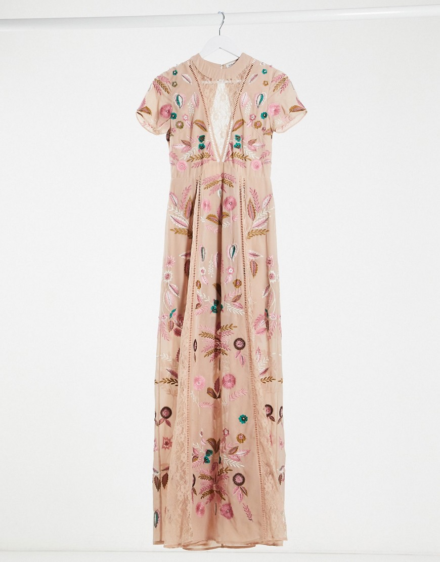 Frock and Frill all over embroided maxi dress with lace insert in dusky pink