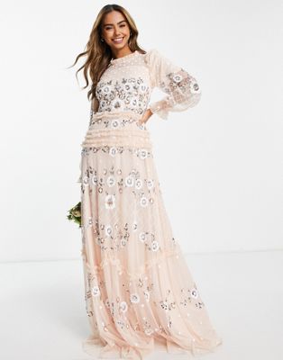 Frock and Frill all over embroidered maxi dress in blush