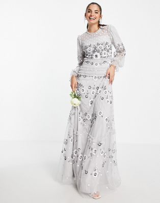 Frock and Frill all over embroidered prom maxi dress in light grey