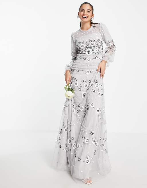 Grey embroidered sales maxi dress