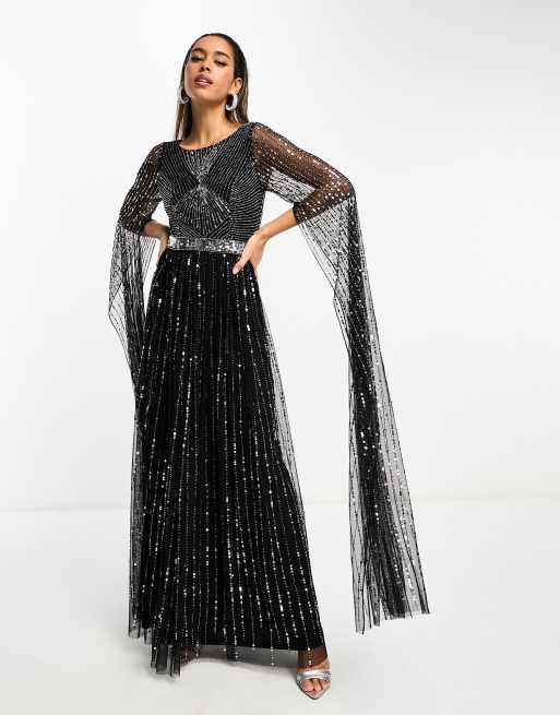 Frock and Frill allover embellished maxi dress with cape detail in black