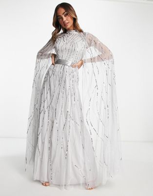 Frock and Frill allover embellished maxi dress with cape detail in silver grey