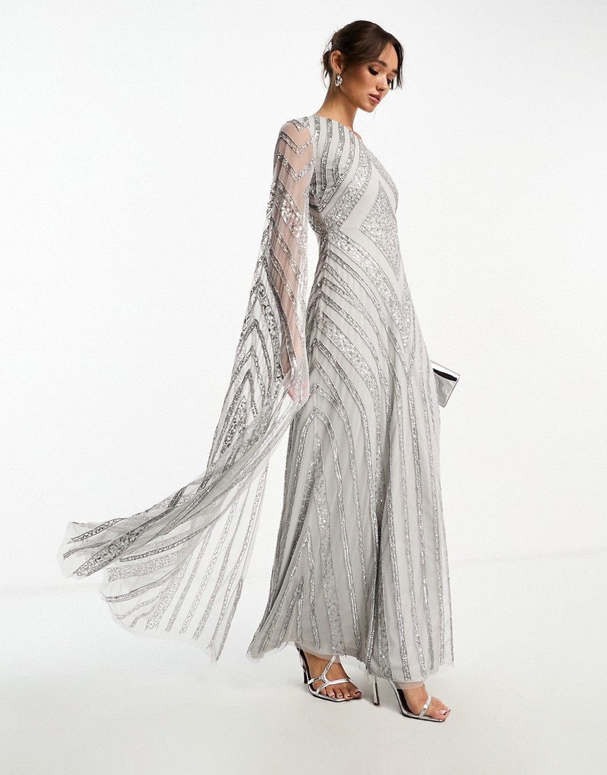 Frock and Frill allover embellished maxi dress with one shoulder cape detail in silver grey
