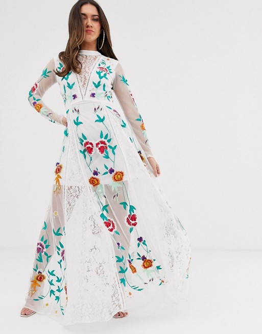 Frock And Frill allover floral embroidered prairie maxi dress in white