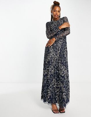 Frock and Frill allover premium embellished maxi dress in navy