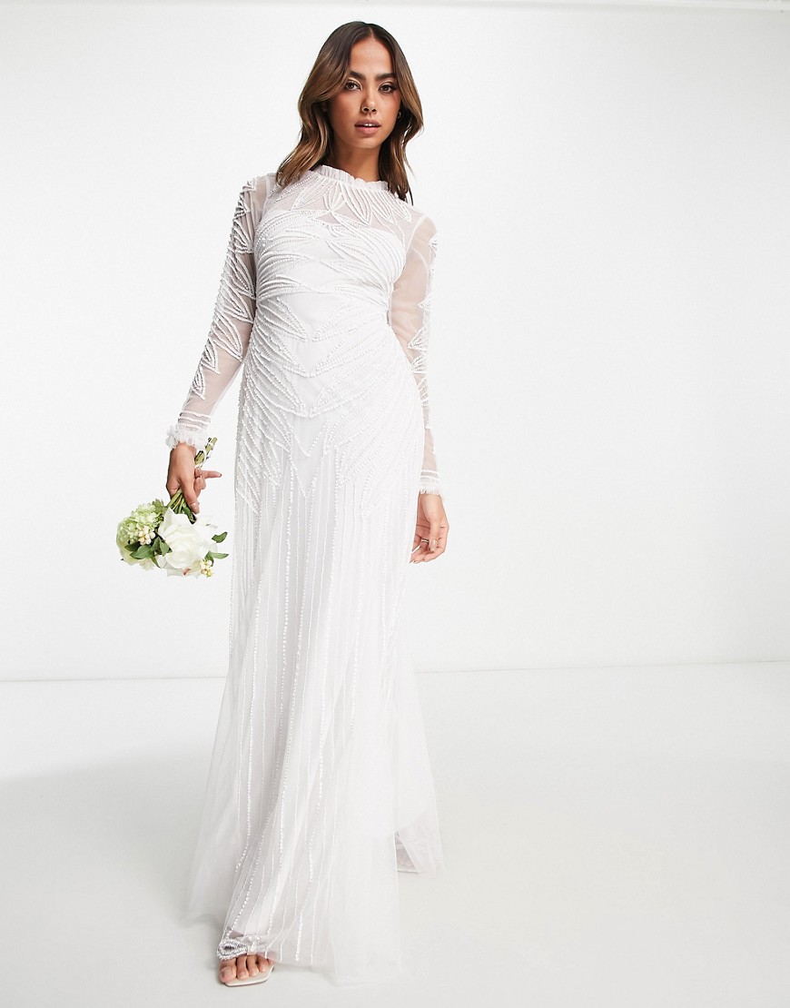 Frock and Frill Bridal embellished long sleeve maxi dress in ivory-White
