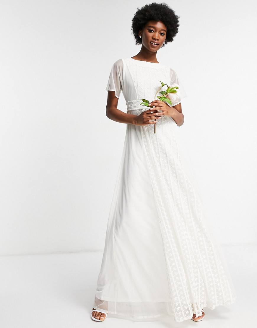Frock and Frill Bridal embroidered midaxi dress with floaty skirt in white