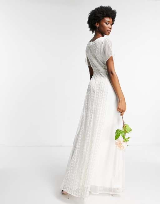 Frock and Frill Bridal embroidered midaxi dress with floaty skirt in white