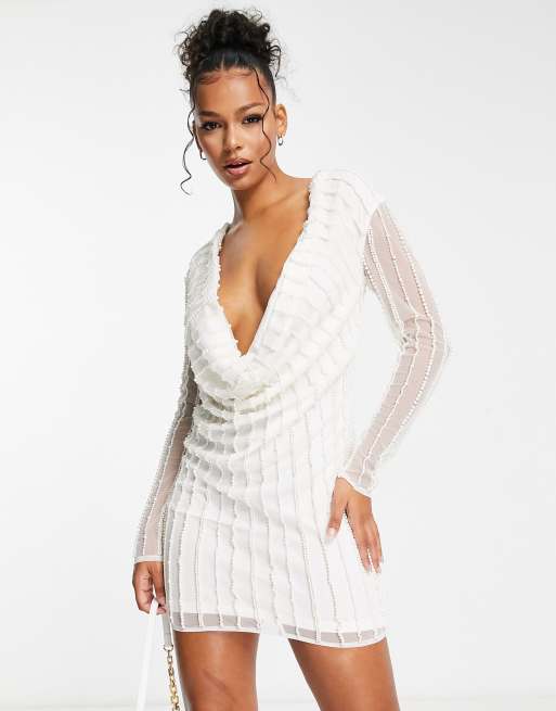 ASOS Embellished Mini Dress With Drape Pearl Sleeve in White