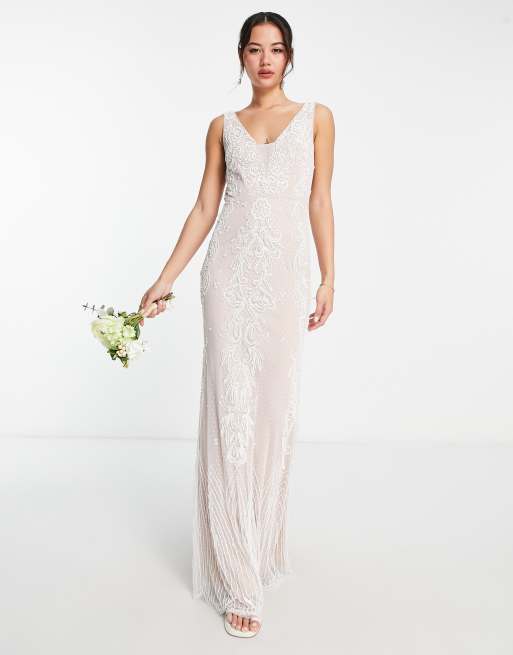 Frock and Frill Bridal premium embellished v neck maxi dress in ivory