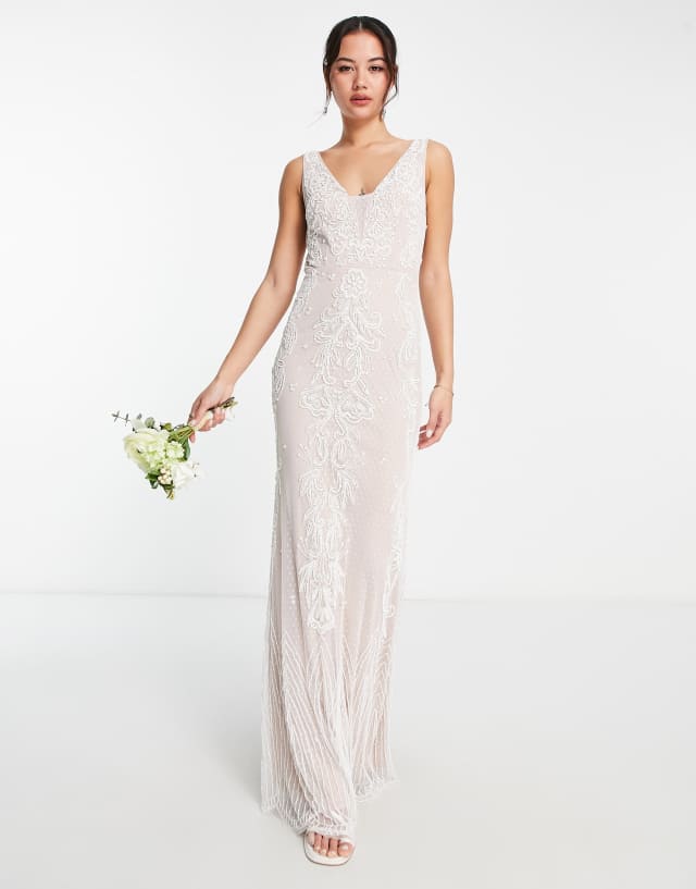 Frock and Frill Bridal premium embellished v neck maxi dress in ivory