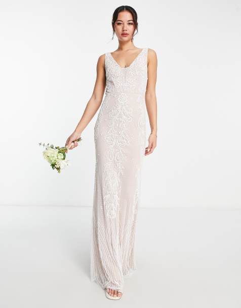 Frock And Frill Bridal – Premium – Zdobiona sukienka maxi w kolorze kości słoniowej z dekoltem w kształcie litery V - view 1
