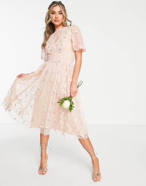 Frock and Frill Bridesmaid floral midi dress in blush | ASOS