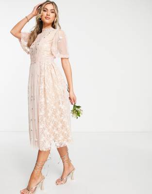 Frock and Frill Bridesmaid floral midi dress in blush | ASOS