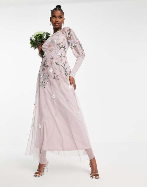 Frock And Frill Bridesmaid – Luźna zdobiona sukienka maxi w kolorze zgaszonego szarego różu