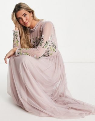 Frock and Frill Bridesmaid maxi dress with pleated skirt and embellished top in dusty mauve