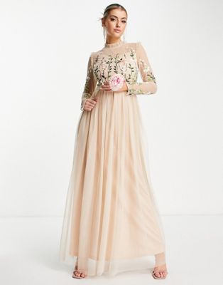 Frock and Frill Bridesmaid maxi dress with pleated skirt and embellished top in light apricot